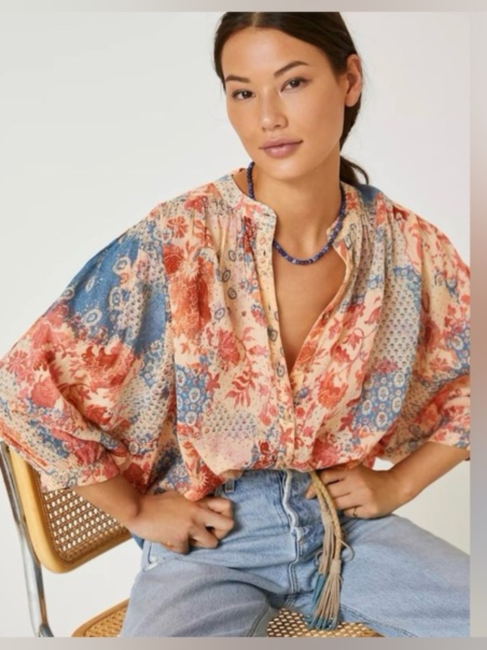 PILCRO ANTHROPOLOGIE BAT WING BUTTON DOWN Boho Patchwork Floral Blouse Sz: M